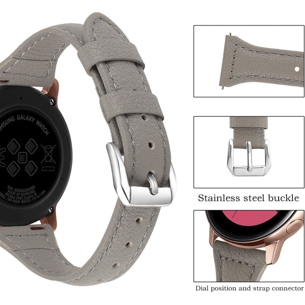 Samsung Watch Active -hihna 20 mm, nahkahihna, samaa materiaalia (harmaa lisko-kuvio)