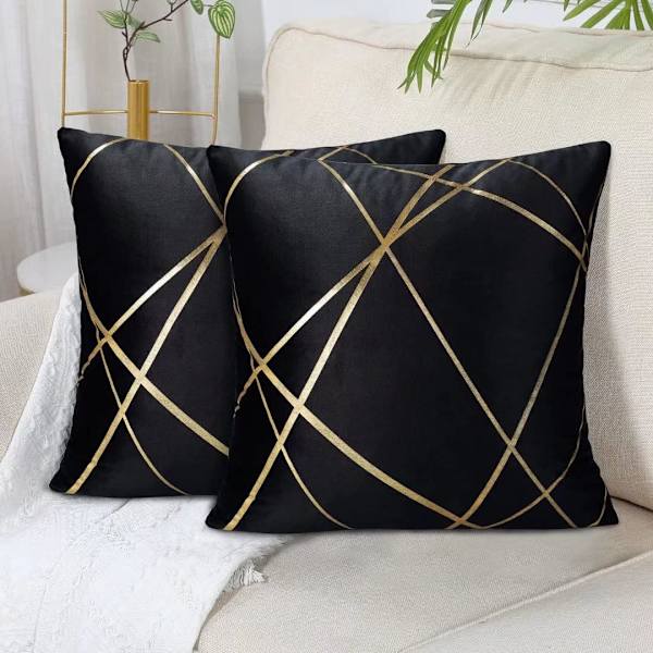 Sæt med 2 sorte sofaer (uden pude) Fløjls pudebetræk 45 x 45 cm Puder Dekorative pudebetræk Guldlinjer Geometriske puder Stue