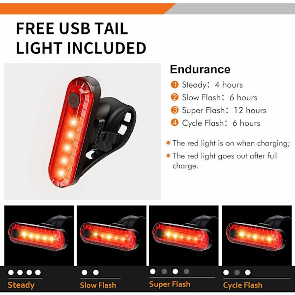 Polkupyörän valot, LED-polkupyörän ajovalo, ladattava etu- ja takavalo, 4 tilaa, erittäin kirkas polkupyörän valo, USB-valaistus, iskunkestävä, vedenpitävä - 2000 mAh