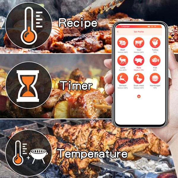 Trådlös köttermometer 150 m Smart köttermometer för grillat kött, rök, ugn, kök, ip67, vattentät, intelligent styrning via applikation,