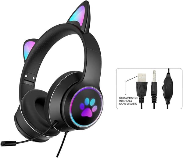 Sort - 1 par søde katteører Gaming-hovedtelefoner, foldbare, strækbare, kablede, med mikrofon, stereo, lysende