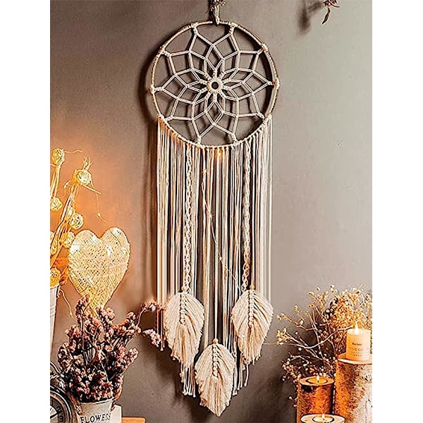 80 x 25 cm, Drømmefanger, kæmpe drømmefanger i macramé med vævede fjer til ophængning på væggen, håndlavet, boheme, indretning, gave,