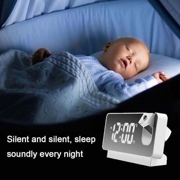 Rumsprojektion för sovrum, digital radio-väckarklocka och USB-laddningsportar, 180° roterande projektor, dubbellarm, snooze, ljus LED-display digi