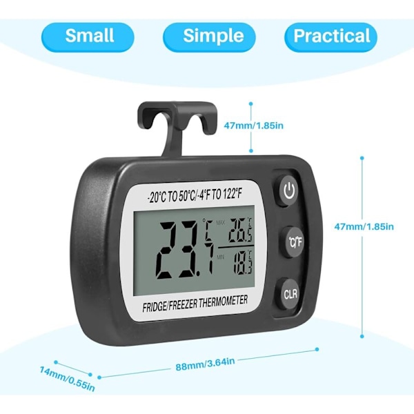 Digital kylskåpstermometer för kyl och frys -20 till 50 °C med krok, lättläst LCD-skärm, Max Min inspelningsfunktion (bl