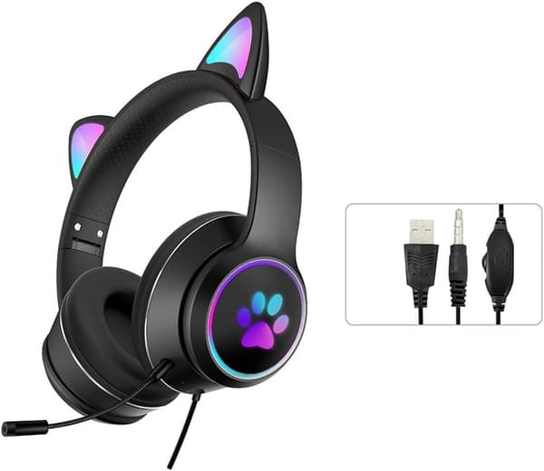 Sort - 1 par søde katteører Gaming-hovedtelefoner, foldbare, strækbare, kablede, med mikrofon, stereo, lysende