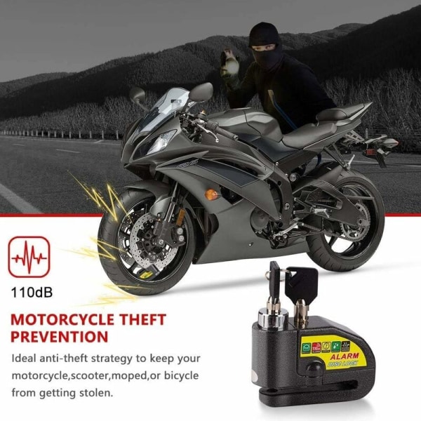 Motorsykkel Anti-tyverialarm Skivebremslås Scooter Skivebremslås med 110db Alarm, 2 Nøkler, 1,5m Anti-tyverikabel, 1 Pose med Alarm Skivebremslås for Motorsykkel/Bik