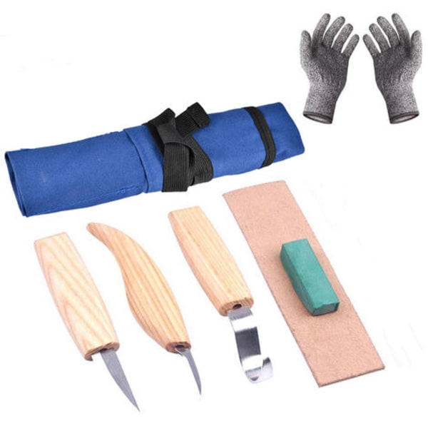 6-delt træbearbejdningsknivsæt med skærebestandige handsker, håndskæringsværktøj, blå stoftaske