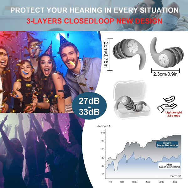 2 par støydempende ørepropper - 3D The New, ørepropper for soving - myk silikon - 3-lags design - ørepropper - for soving, konsentrasjon, kons