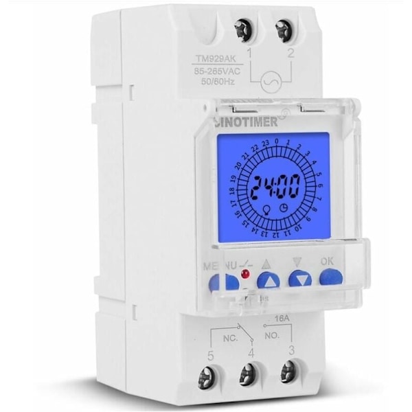 24 Timers Digital LCD-skjerm Elektronisk Klokke 85-265V DIN-skinne Smart Programmerbar Analog Timerbryter med 15 Minutters Intervall (16A)
