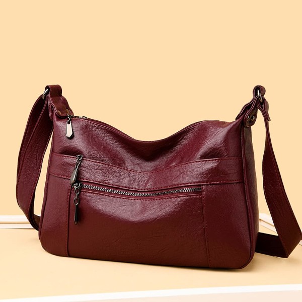 Dam Läder Crossbody Väska Multi-Pocket Mjuk Dam Läder Axelväska Handväska Lätt med Justerbar Rem (Röd)