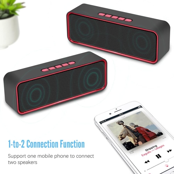 Bärbar trådlös högtalare (röd), Bluetooth 5.0 med 3D-stereoljud och HiFi-bas, 1500 mAh batteri, 12 timmars speltid