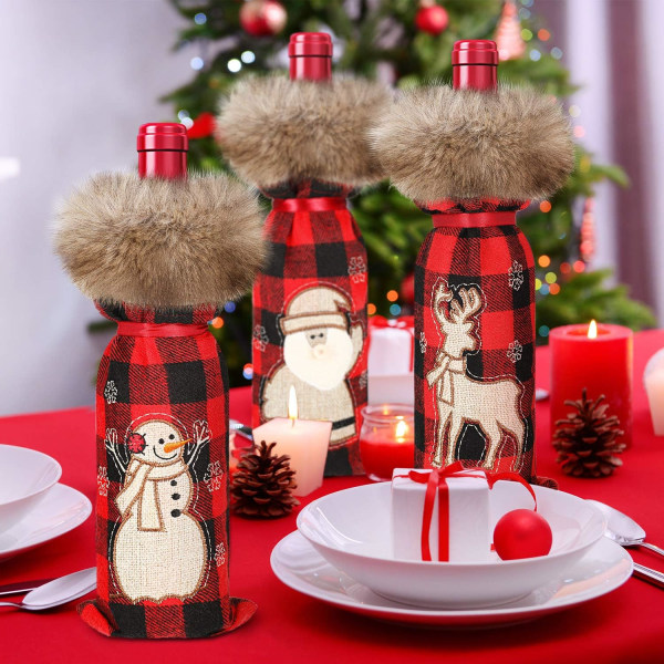 6 stk Christmas Buffalo Plaid Vinflasketrekk Dekorativ Vin Bo