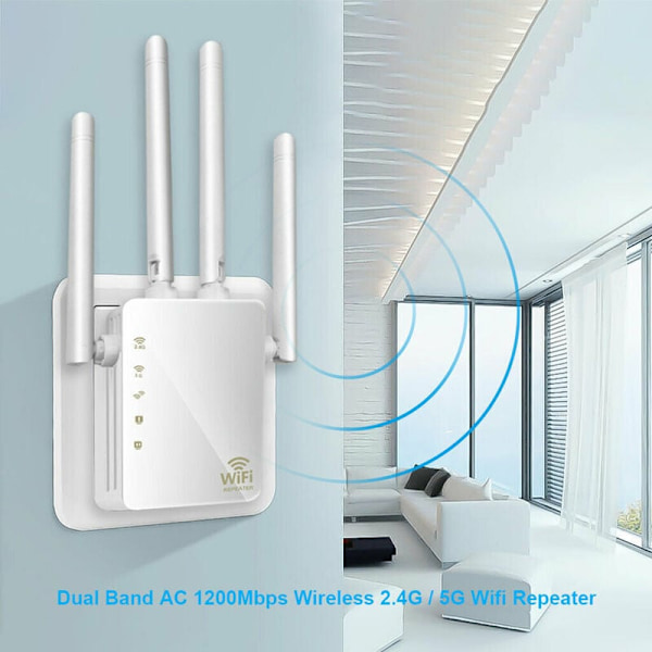 WiFi Repeater WiFi Signalforstærker Forbedret Dual-band 1.200 m Højeffekt router 2,4 og 5G (Sort, 90x173x70mm)