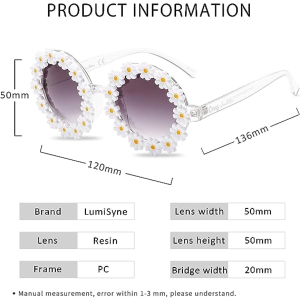 Söpöt Daisy-aurinkolasit (läpinäkyvä kehys) Naisten ja miesten pyöreät kehykset Kukka koristeelliset lasit UV400 Pallolasit Söpöt valokuvausrekvisiitta Valkoinen C