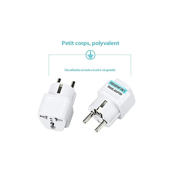 2x Universal Mains Adapter US/UK/China to Europe (EU) / France (FR) Plug with Earth Standards CE RoHS 16A White Compatible with Clarisonic mia2, Phi