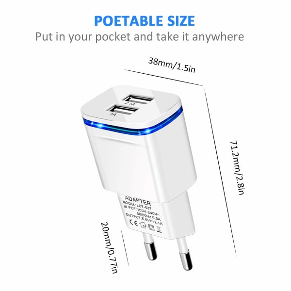 Pistoke - Euro Plug -sovitin, 2 kpl matkalaturi 2.1A/5V kaksiporttinen USB seinälatauslohkon power
