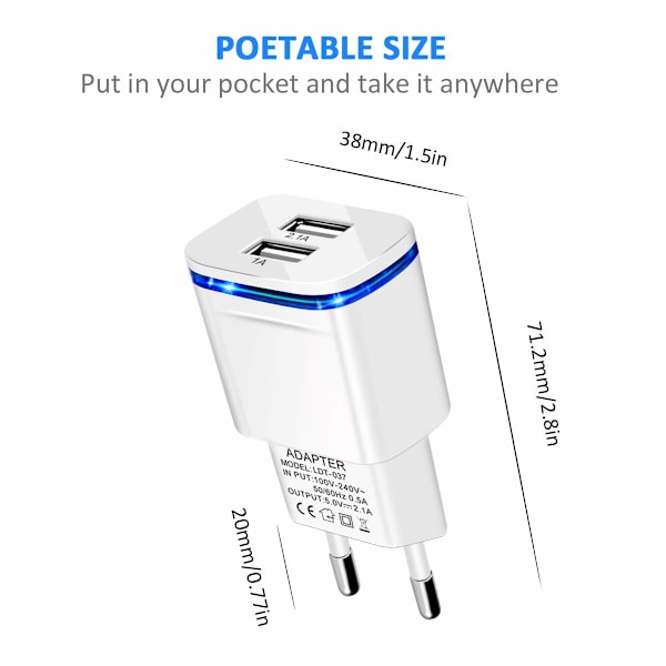 Plugg - Euro-pluggadapter, 2-paknings reisestrømadapter 2.1A/5V dobbelport USB vegglader strømkubeadapter