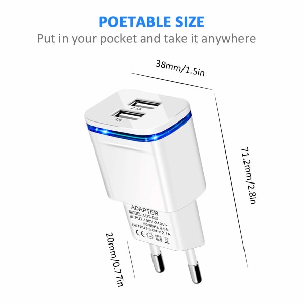 Stik - Euro Stikadapter, 2-pak Rejseoplader 2.1A/5V Dobbelt USB Vægopladningsblok Strømkubeadapter