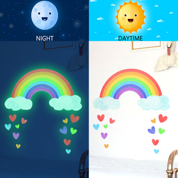 Glow in the Dark Rainbow Wall Stickers, Luminous Rainbow and Heart Decals for Ceiling Walls, Kids Bedroom LivingRoom Decoration for Girls Boys Baby