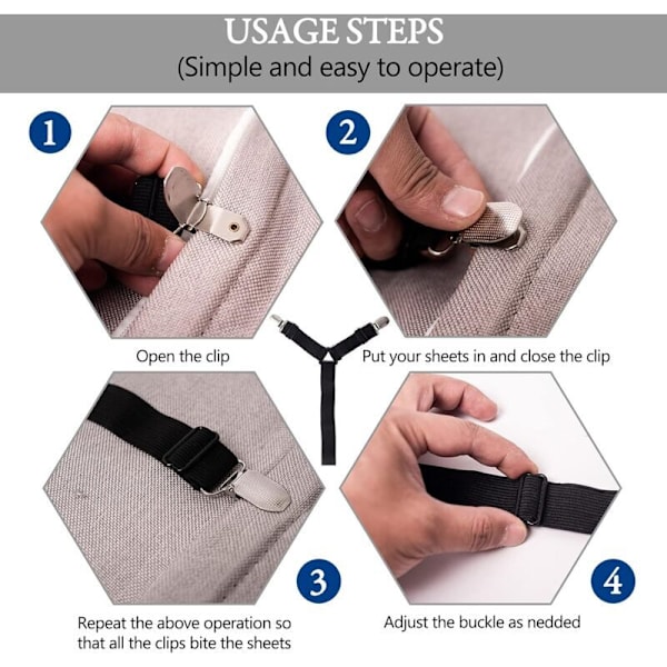 Lakanhållare - Elastiska band justerbara för lakan för dubbelsäng, queen size, king size, enkelsäng, 6-vägs korsklämmor, remsa av band, runda madrasser a