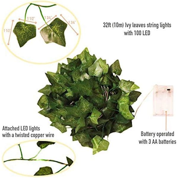 Kunstig Vedbend, 10M Blad Fe Lys, Kunstige Planter med 100 LED'er og Grønt Blad, LED Vinstok Streng Lys til Have, Gård, Hjem, Terrasse, Bryllup