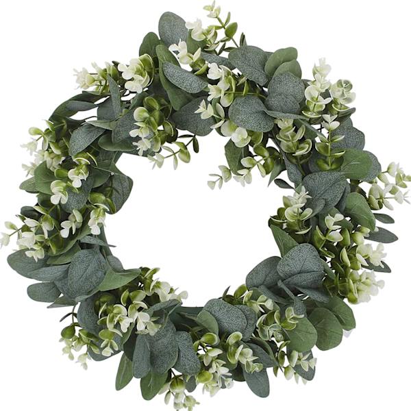 Sæsonbestemt eukalyptuskrans 35 cm i diameter - grøn, kunstige blomster til dekorativ, indendørs og udendørs brug