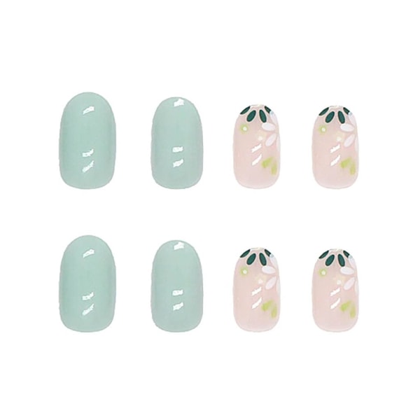 Mandelpressade naglar Medium Fake Nails med blommönster Gröna naglar för kvinnor 24 st/set