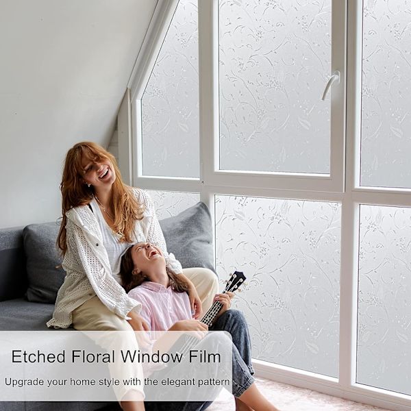 Personvern Vindusfilm Blomstrete Etset Vindusfilm Frosted Film for Personvern Glassrute Reposisjonerbar Blackout Film Uten Lim Anti-UV 44x200cm