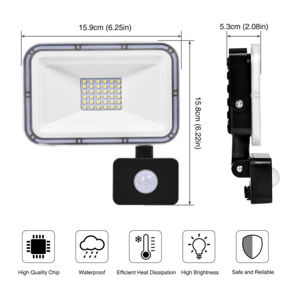 30W LED-strålkastare för utomhusbruk med rörelsesensor, vattentät IP67, 8000LM säkerhetslampa, 6000K-6500K kallvitt strålkastare för trädgård, garage