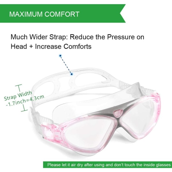 Stor ram genomskinlig vattentät justerbar simglasögon för vuxna (transparent rosa)