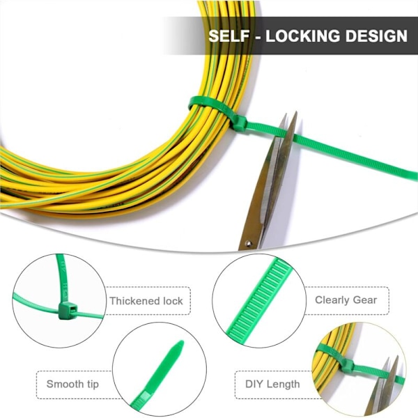 Buntband 200 x 5 mm Plast, nylonfästen 5 x 200 mm, elektriskt grön kabel växthus, 100 delar