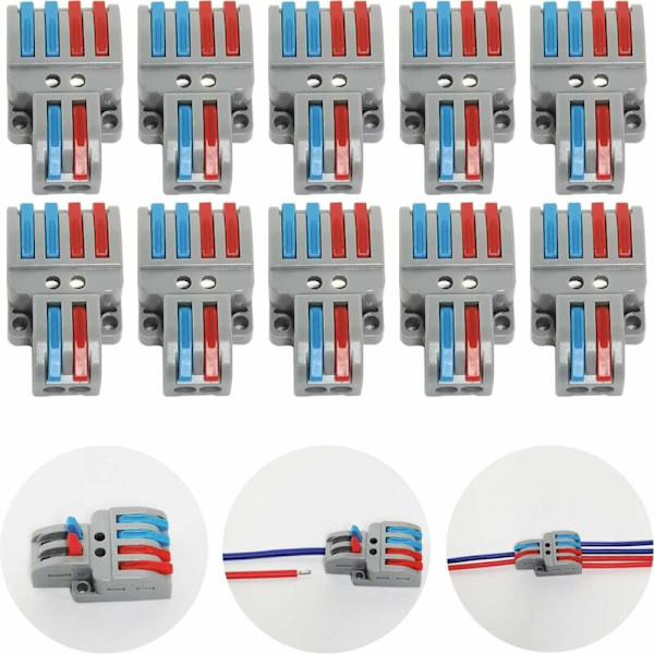 Koblingsklemmer, 10 stk elektriske kontakter med betjeningsarm, kompakt automatisk elektrisk koblingsterminal, 2 inn 4 ut, med montering