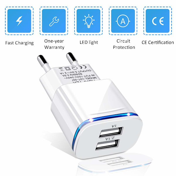 Pistoke - Euro-pistokeadapteri, 2 pakkausta matkalaturi 2.1A/5V kaksoisporttinen USB-seinälatauslohko virtakuutioadapteri