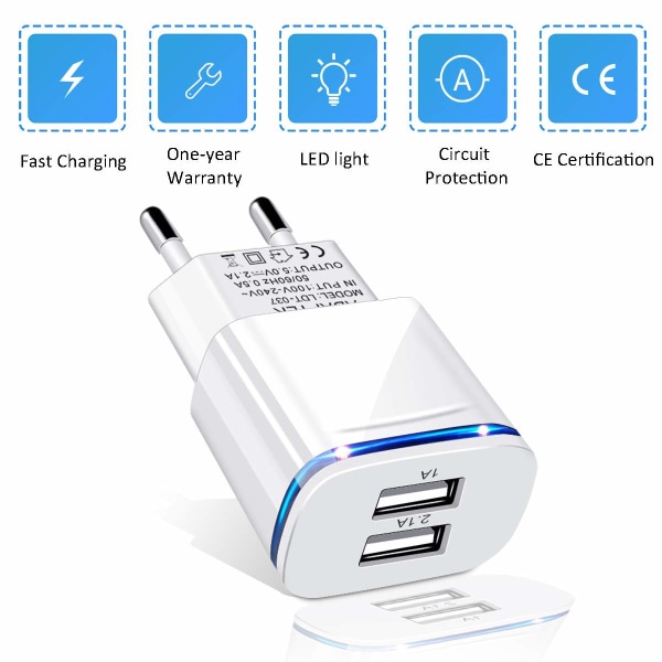 Stik - Euro-stikadapter, 2-pak rejseoplader 2.1A/5V Dual Port USB-vægopladningsblok Power Cube Adapter