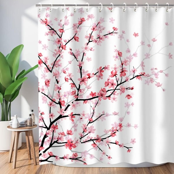Badeværelsesforhæng i stof med kroge, Sakura pink blomstermønster, dekorativt bruseforhæng til badeværelse, maskinvaskbart, 182,9 x 182,9 cm