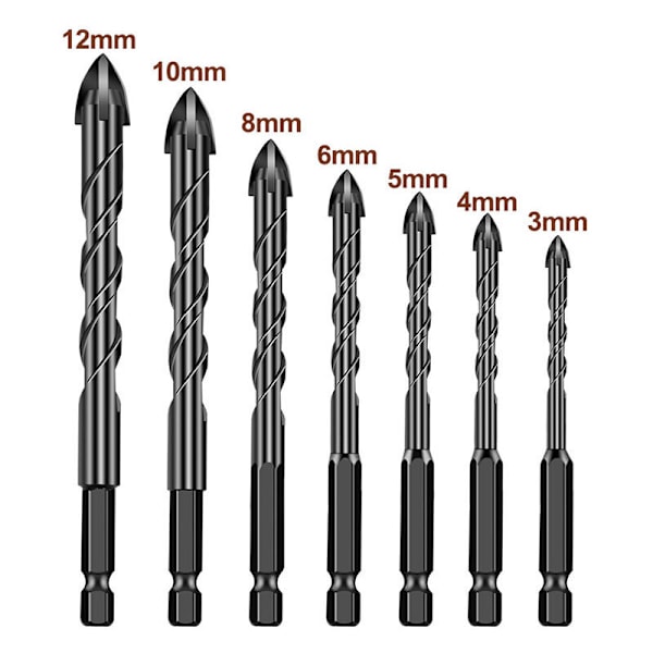 7-osainen poranteräsarja 3–12 mm laatoille ja lasille, monikäyttöinen, volframikarbidia, posliinille, keramiikalle, peileille, betonille, tiiliseinälle, lasille