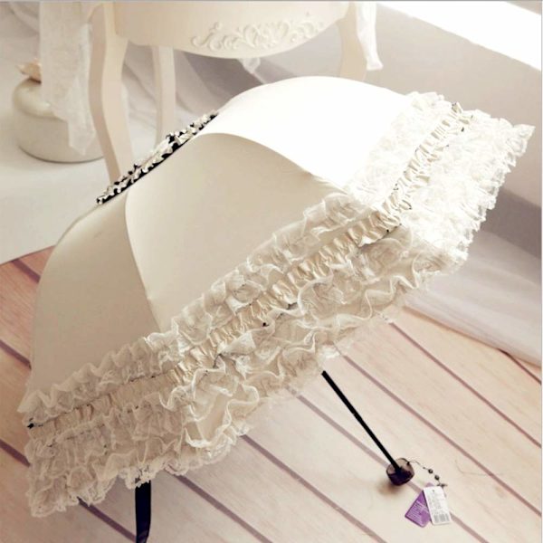 Princess Lace Retro Lace Anti-UV Parasol Foldbar 3D Blomsterbroderet Paraply 30% Rabat Blå Regnfulde, Snedige, Solrige Dage Er OK