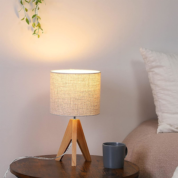 Nattbordslampe, stativbordlampe, tre med lampeskjerm i lin, liten nattbordslampe for barnerom, soverom, barnerom, sidebord, lesing