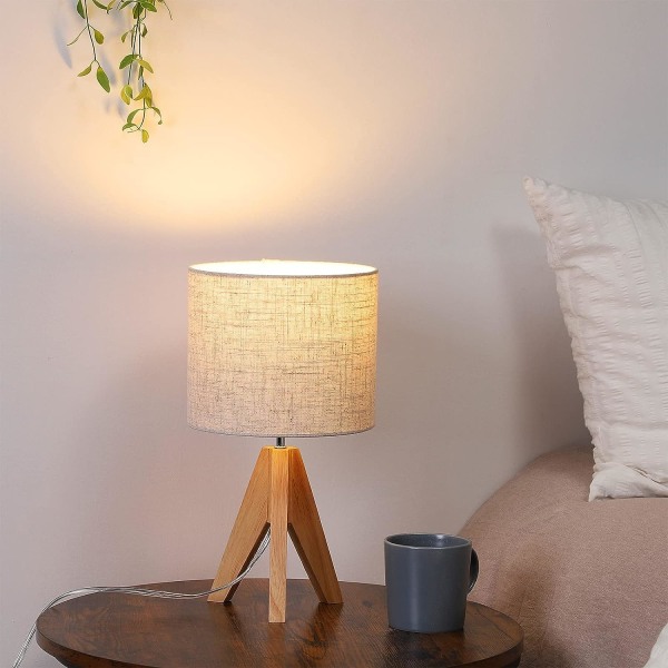 Sengsidelampe, Tripod Bordlampe, Træ med Linned Stofskærm, Lille Natbordlampe til Børneværelse, Soveværelse, Børneværelse, Sidebord, Læsning
