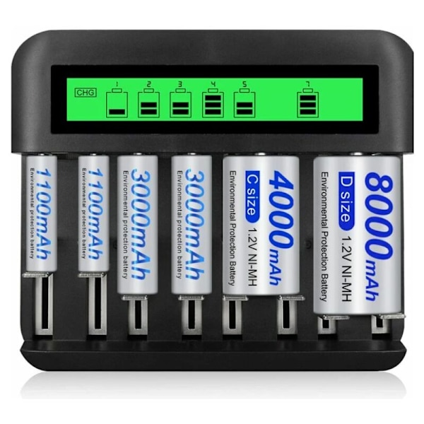 8-paikkainen Nopea LED Yleislaturi, Akkulaturi AA/AAA/C/D NI-MH NI-CD Ladattaville Akuille USB-portilla