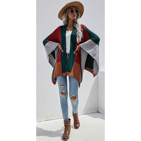 Kvinners Bohemian Buffalo Plaid Cape Cashmere Sjal Genser Cardigan Vinter Teppe Frakk, Mørkegrønn