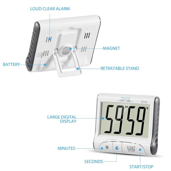 Køkken Timer, 24H Digital Magnetisk Elektronisk Køkken Timer Digital Timer med Lydalarm LCD Display Nedtællingstimer Magnetisk Holder - Hvid
