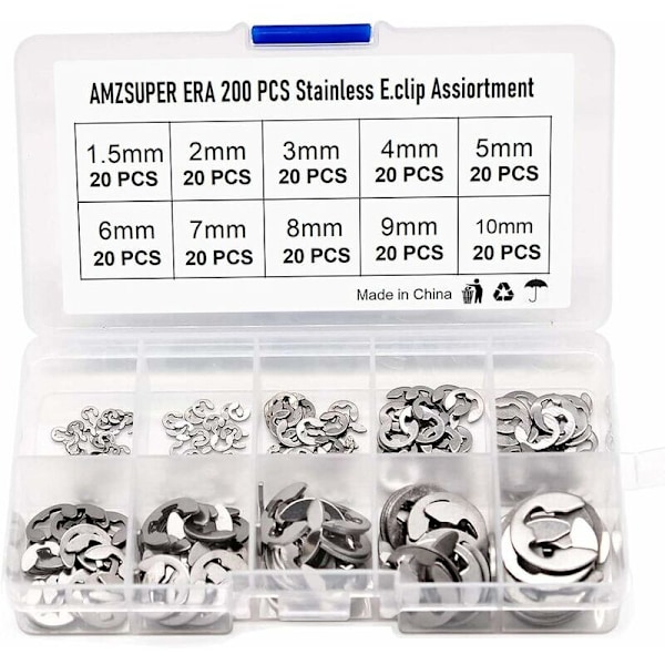 200 stk. E Clip Ring 304 Rustfrit stål Circh Circh Sortiment af Circlips 1.5/2/3/5/7/8/10mm forskellige anvendelser