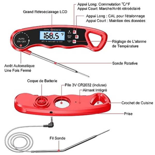 (Rød) Kjøkkentermometer, Instant Read Mattermometer med 40\" Bøybar Sonde, Bakgrunnsbelysning og Magnet, Digital Termometer for Matlaging, Kjøtt, Grill