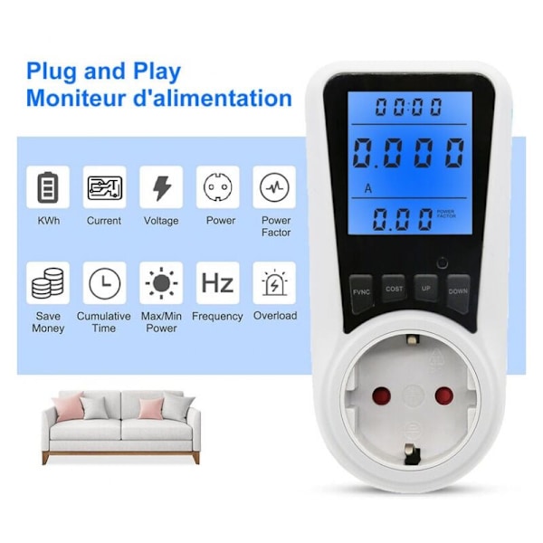 Hvid måler wattmeter, energimåler indtag ved 7 tilstande, LCD-skærm, maks. 3680 W