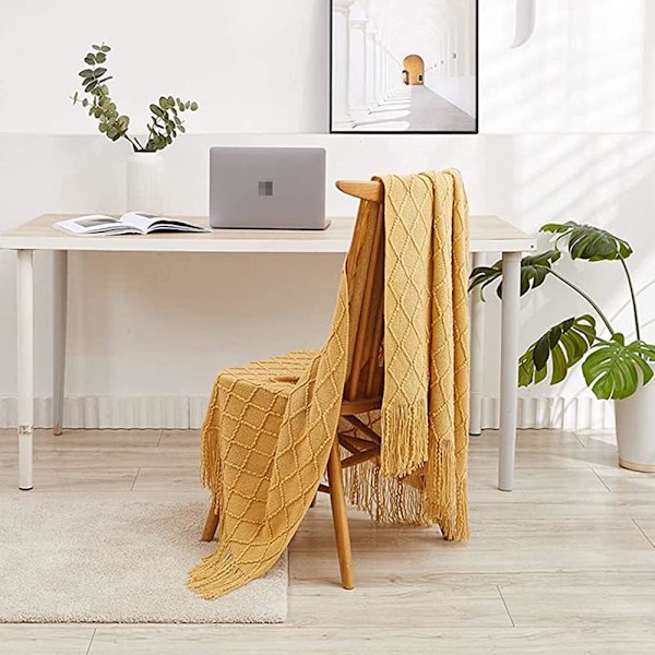 127x180cm Gul, 1 stk. Strikket Sofatæppe Lille Sofatæppe, Blødt Fleecetæppe Strikket Tæppe Pompom Aircondition Bil Tæppe til Couc