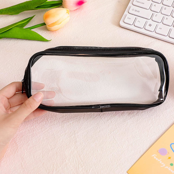 Gennemsigtig blyantpose, gennemsigtig eksamensblyantpose, vandtæt PVC-pung med lynlås til kosmetik, rejsetaske til bagage, pung til makeup (sort)
