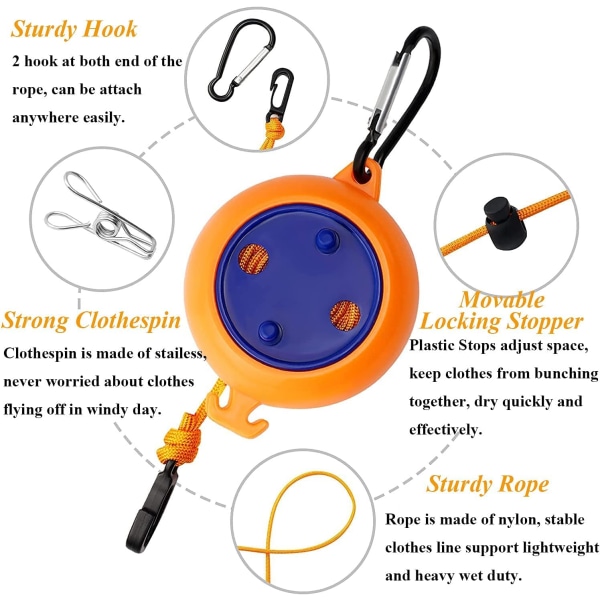 Bærbar Reiseklessnor, Justerbar 26ft Campingklessnor, Klesvaskesnor med 10 stk Stoppere 20 stk Vindtette Klesklyper
