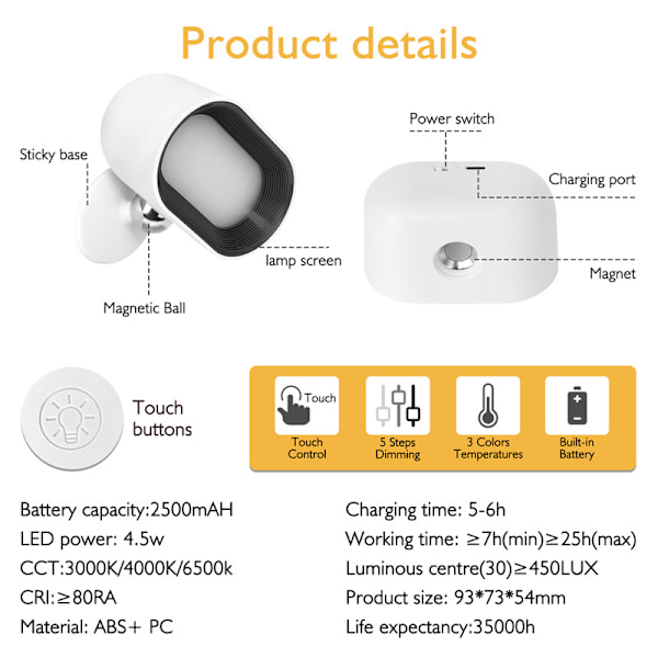 Vägglampa, touch-fjärrkontrolllampa, 7 färgtemperaturer och 5 ljusstyrkenivåer, 360-graders roterande kula, inbyggt 2500mAh batteri (vit)