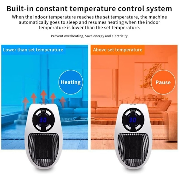 Punmer varme, mini elektrisk varmelegeme 500W, justerbar termostatisk varme, temperaturkontrolfunktion, timerfunktion, bærbar varme